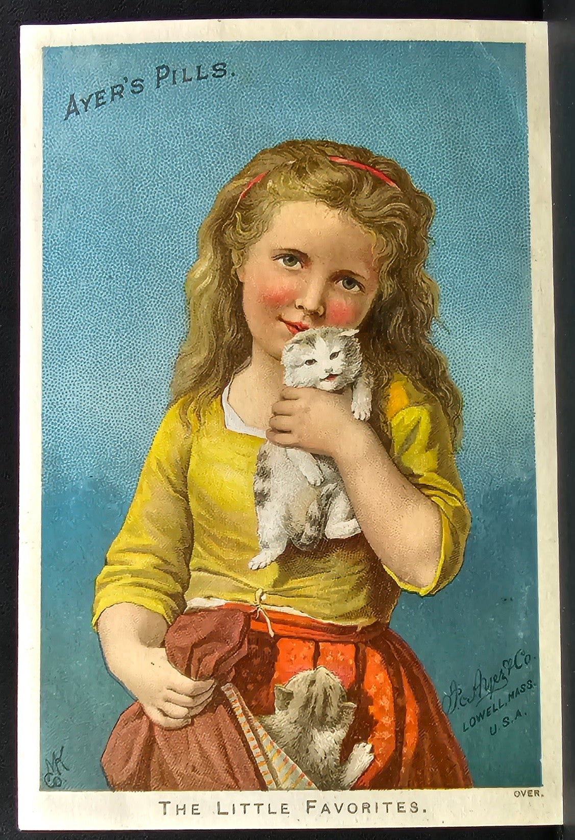 Antique Victorian Advertising Trade Card J.C. Ayer’s Pills The Little Favorites Girl with Kittens