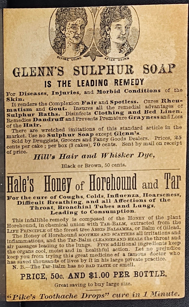 Victorian Advertising Trade Card GLENN'S SULPHUR SOAP Honey of Horehound Cures Skin Diseases