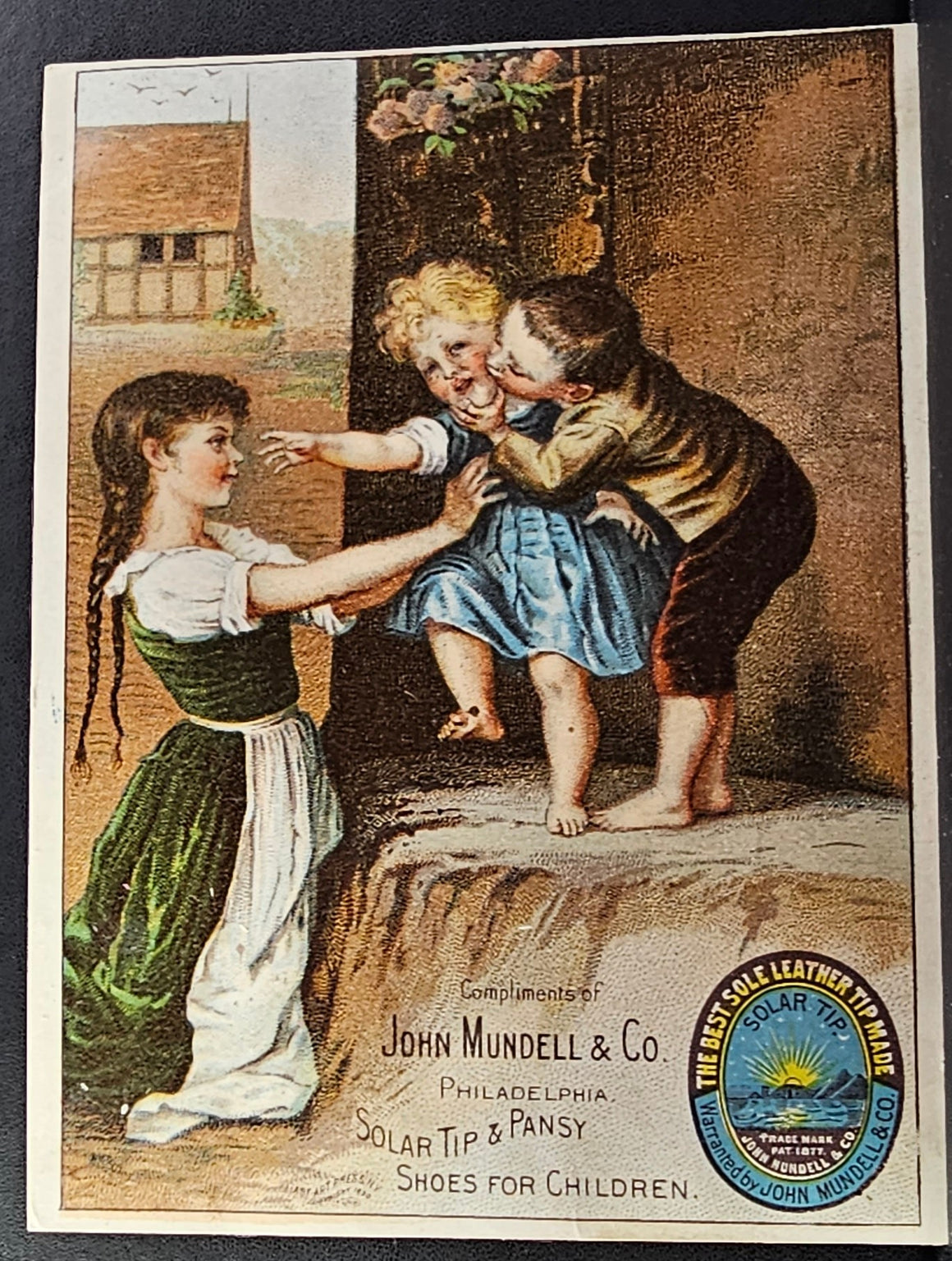 Victorian Advertising Trade Card John Mundell Shoe Solar Tip & Pansy Children