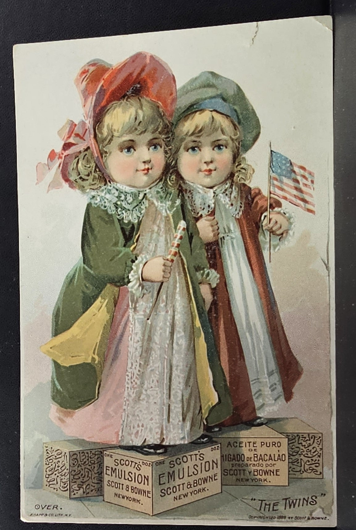 Advertising Trade Card Scott & Browne Emulsion Twins Medicinal Cod Liver Oil Girls Waving American Flag Fourth of July Vibe
