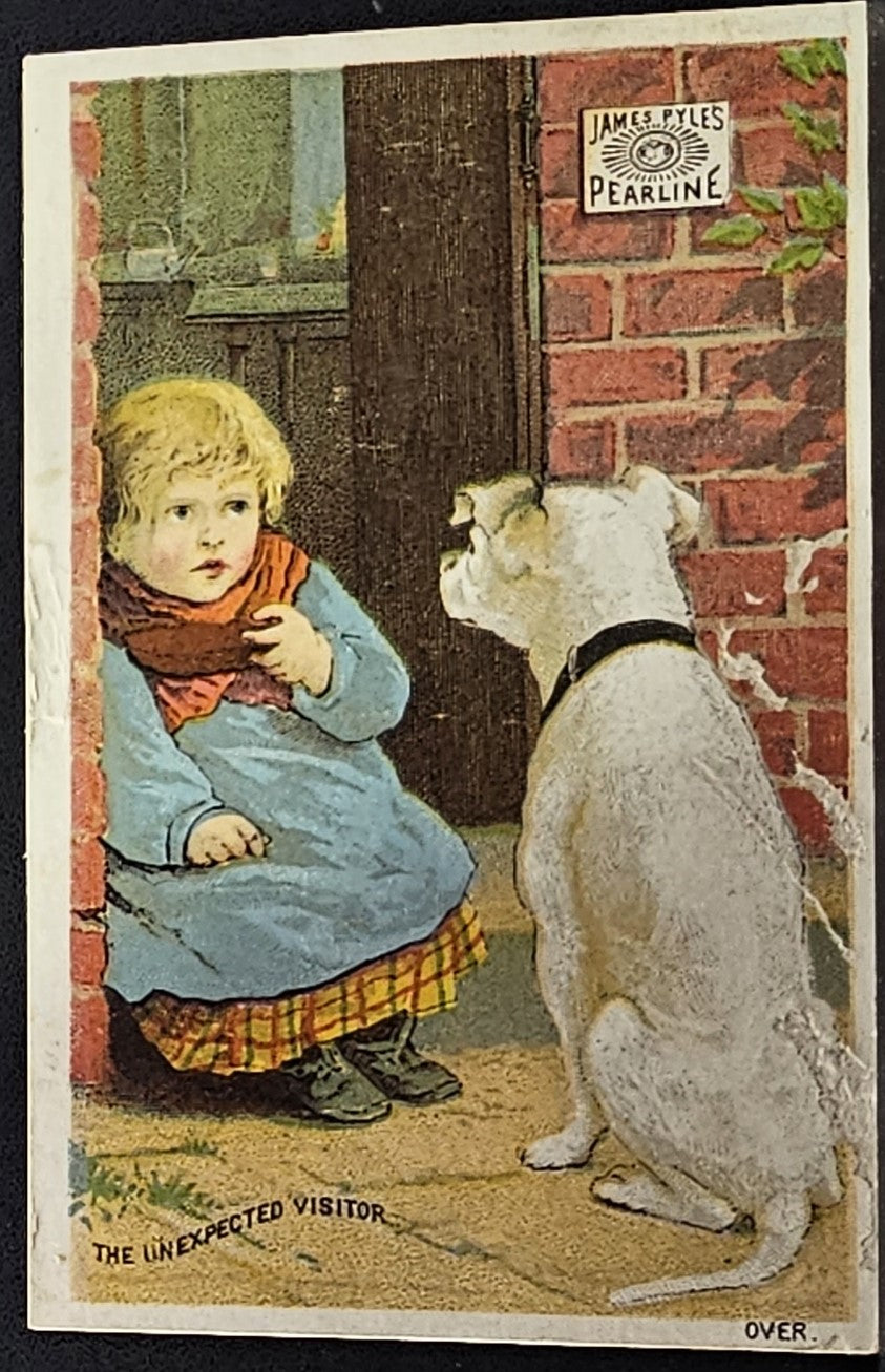 Antique Advertising Trade Card James Pearline Child Home Waiting with White Dog