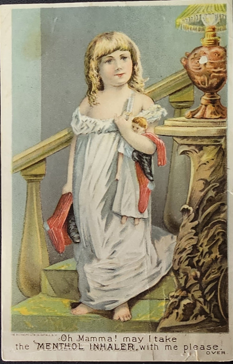 Antique Advertising Trade Card Cushman's Menthol Inhaler St. Johns Michigan Fildew Little Girl on Stairs.