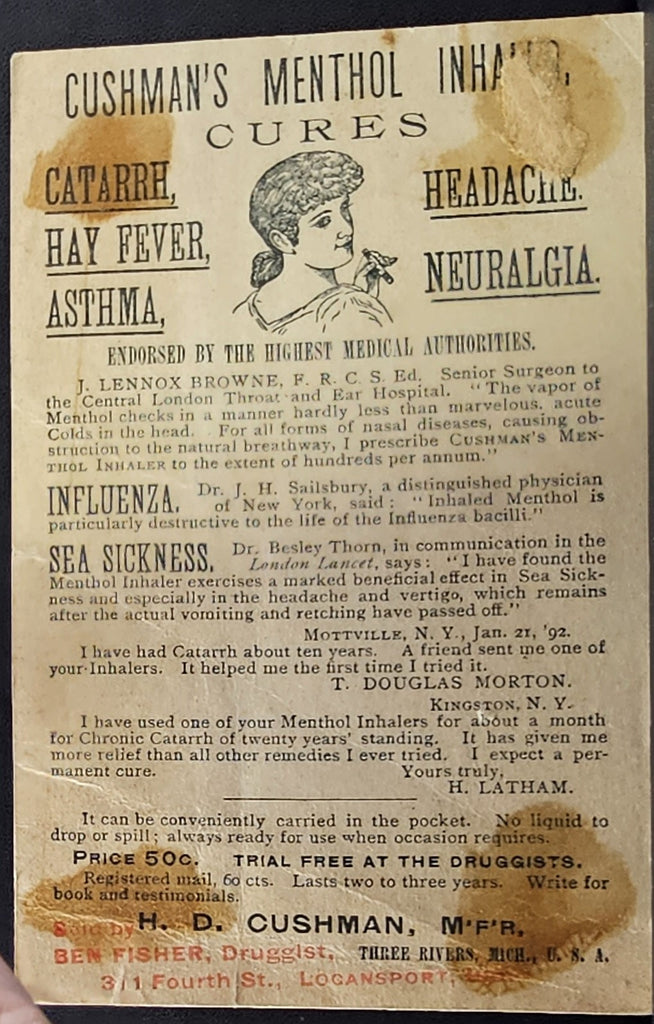 Antique Advertising Trade Card Cushman's Menthol Inhaler St. Johns Michigan Fildew Little Girl on Stairs.