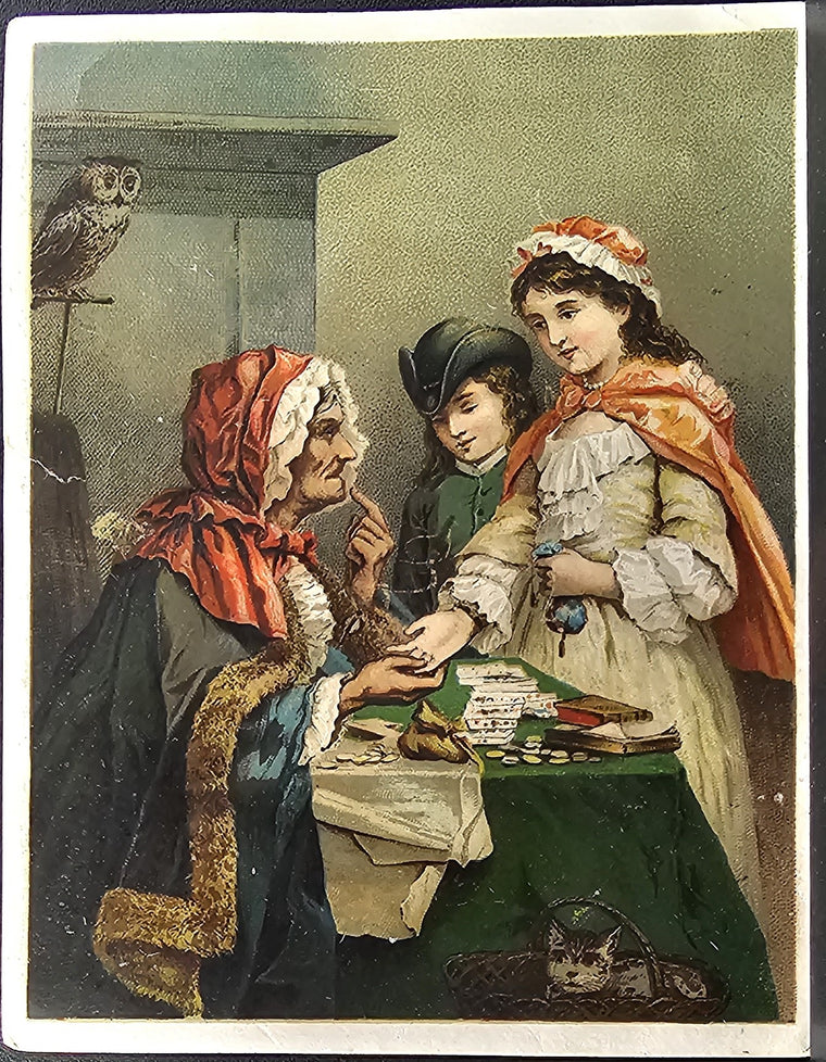 Antique Advertising Trade Card The Gipsy Fortune Teller Dr Jayne's Expectorant Children Visiting Old Gypsy Lady  Owl & Cat