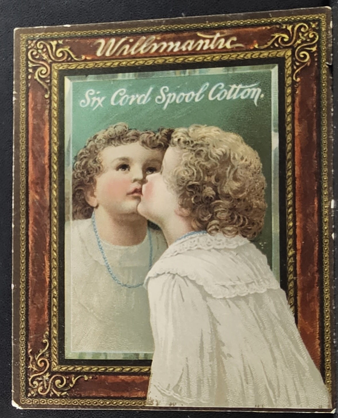 Antique Advertising Trade Card Six Cord Spool Cotton Girl in Mirror Willimantic The Best Thread