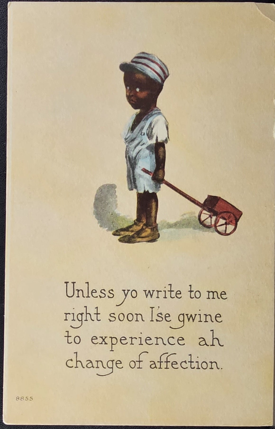 Valentine Postcard Black Americana Card Little Boy and His Toy Cart Bergman Publishing