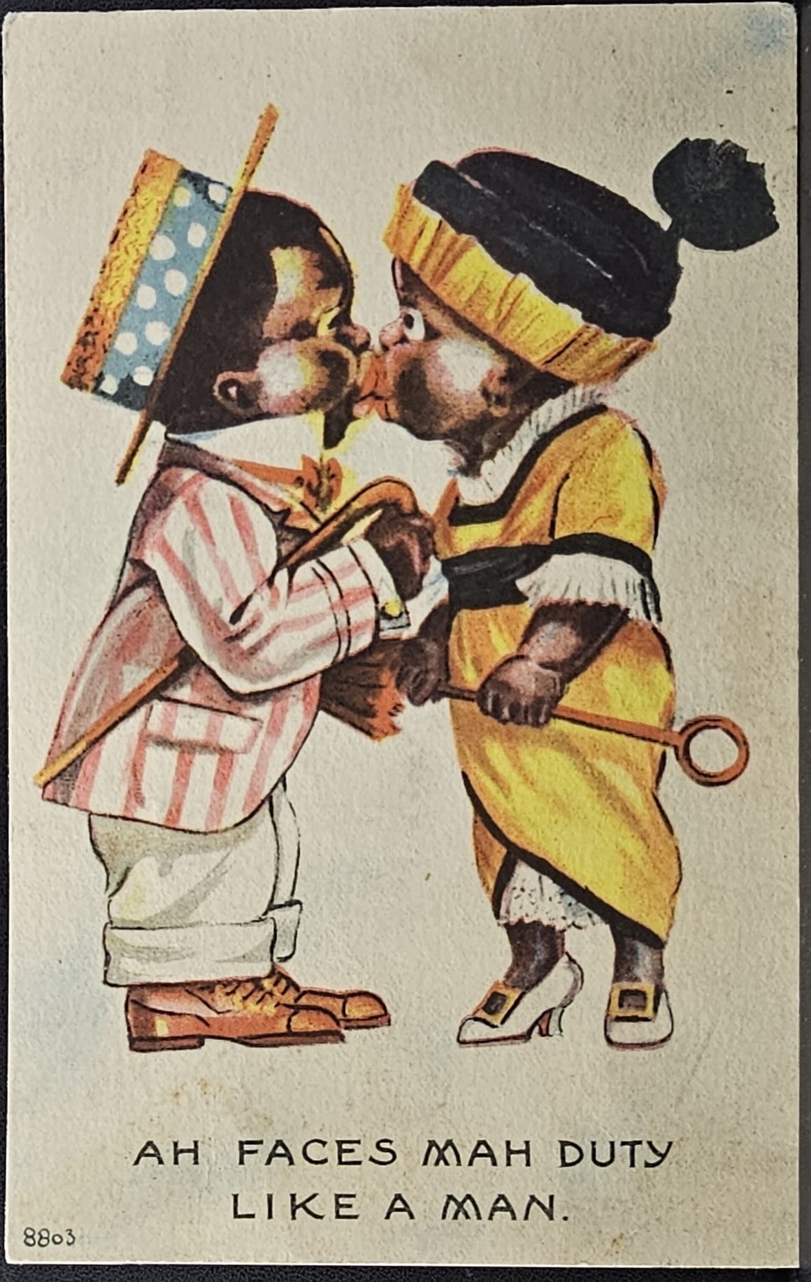 Bergman Black Americana Card Patriotic Romantic Themed Little Boy Dressed as Uncle Sam Little Girl Giving Kiss