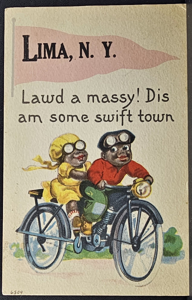 Black Americana Postcard Couple on Bicycle Greetings from Lima NY
