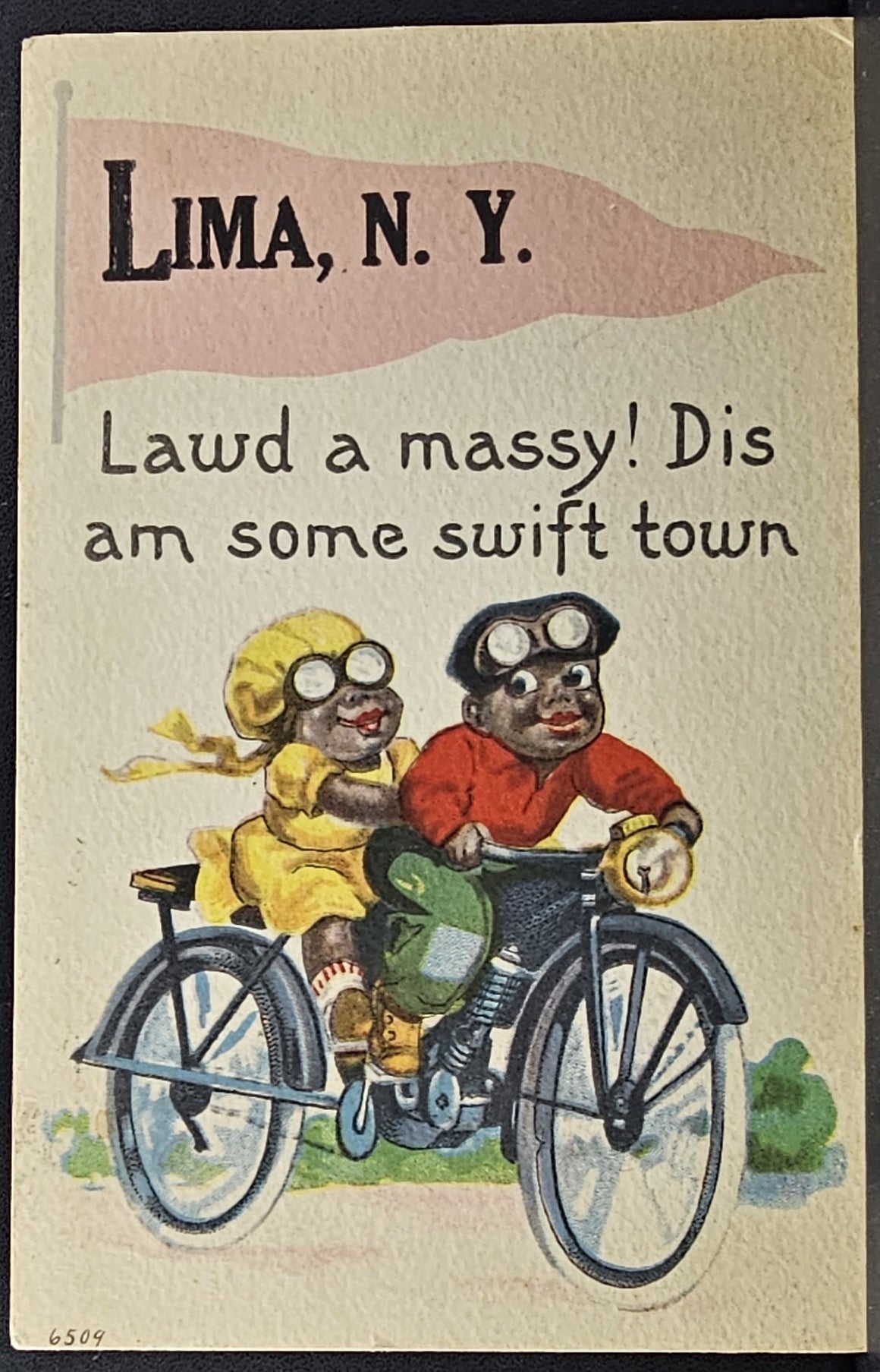 Black Americana Postcard Couple on Bicycle Greetings from Lima NY