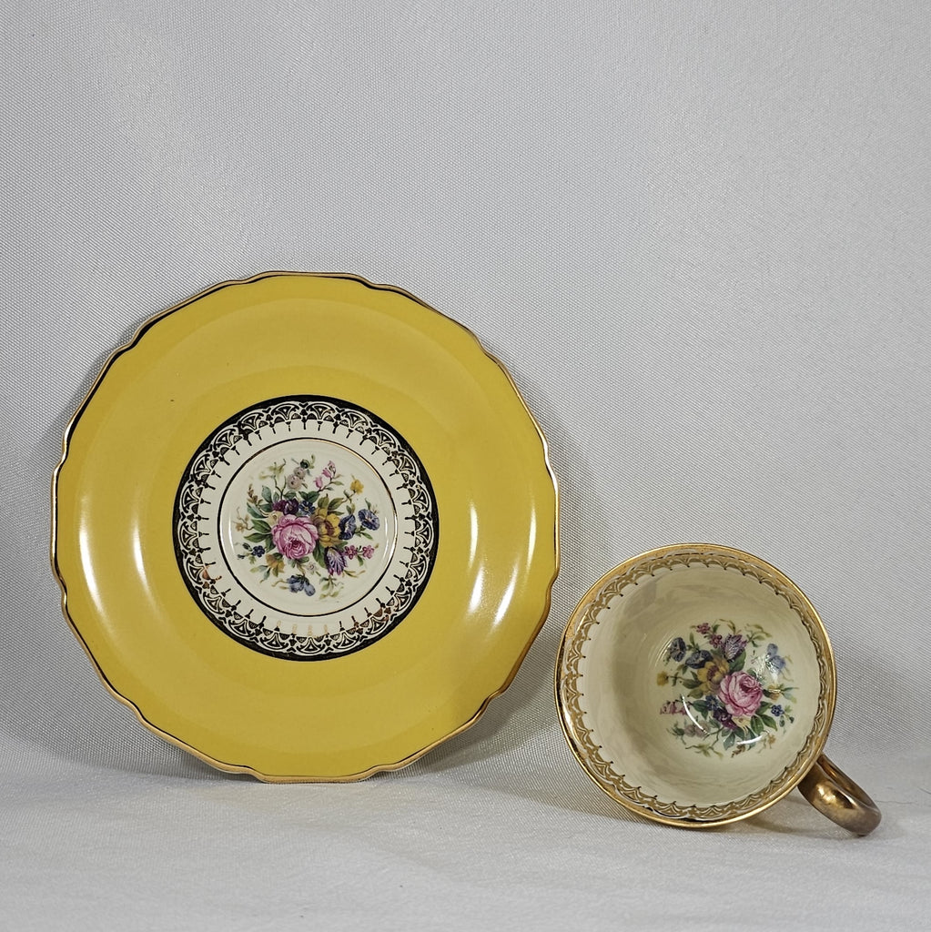 Vintage Mid Century Rosenthal Continental Ivory Porcelain German Bavarian Yellow Cup Saucer with Roses