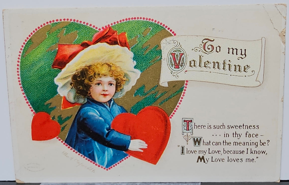 Antique Gold Embossed Valentine Card Series 4237 Child Holding Heart Ellen Clapsaddle