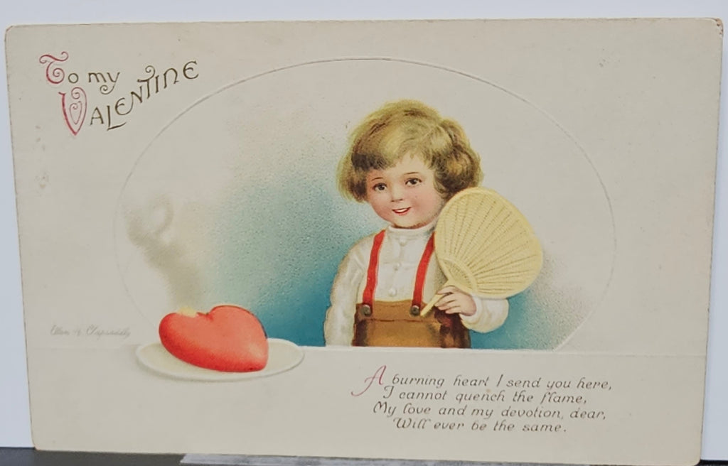 Valentine Postcard Artist Ellen Clapsaddle International Art Publishing Series 1905 Child with Fan & Steaming Heart