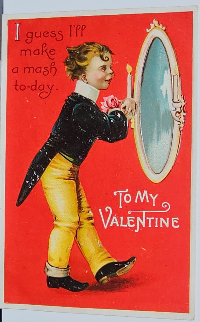 Embossed Valentine Postcard Artist Ellen Clapsaddle Boy in Mirror International Art Publishing