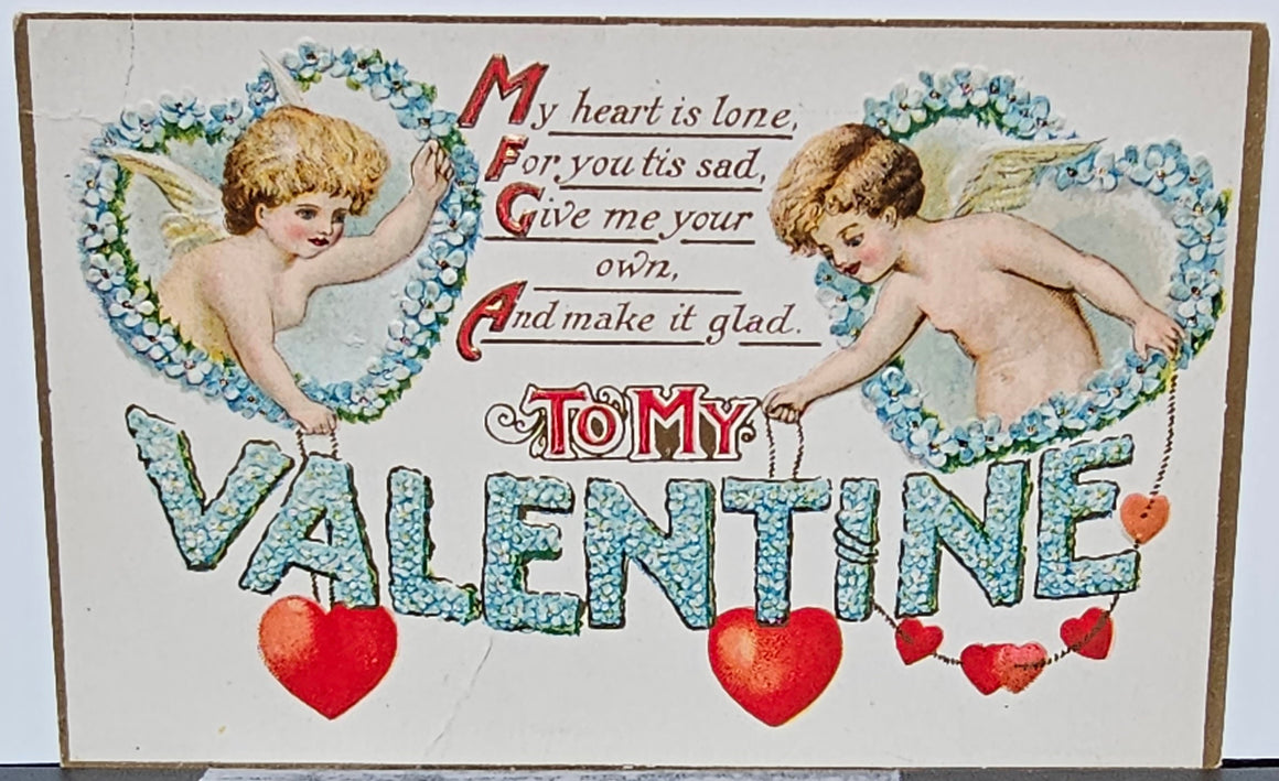 Embossed Valentine Postcard Series 208 Cupids Hanging Heart Sign