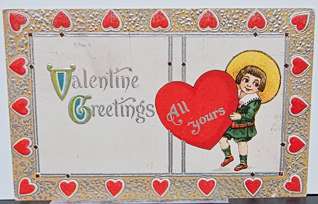 Embossed Valentine Postcard Series 412A Heart Border Silver Highlights Boy Holding Giant Heart