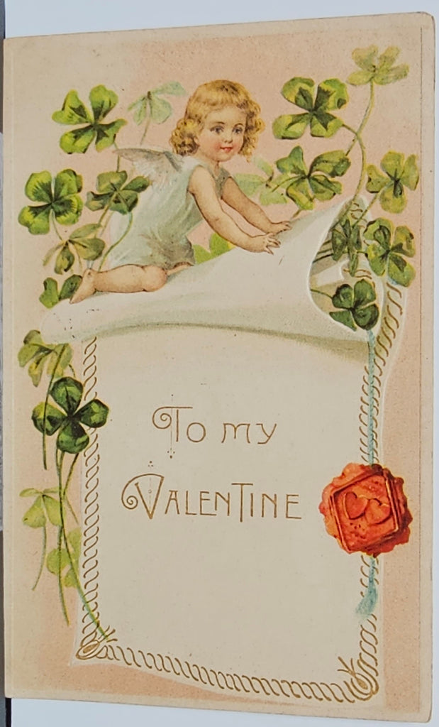 Valentine Postcard Embossed Card Cupid Over Banner with Four Life Clovers Printed in Germany