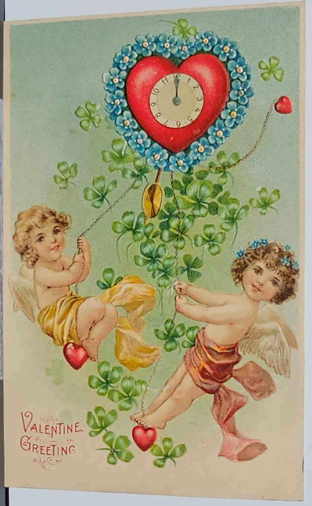 Valentine Postcard Embossed Cupids Ringing Clock Heart with Flowers BW Publishing Series 310 Germany