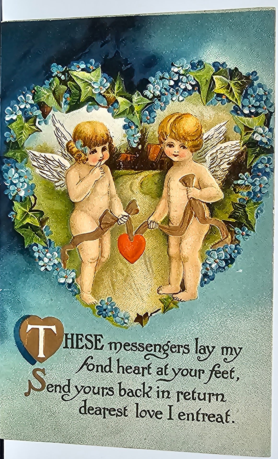 Valentine Postcard Embossed Cupids Tying Heart on Dirt Path Blue Flowers and Background Series V13 Printed in Saxony