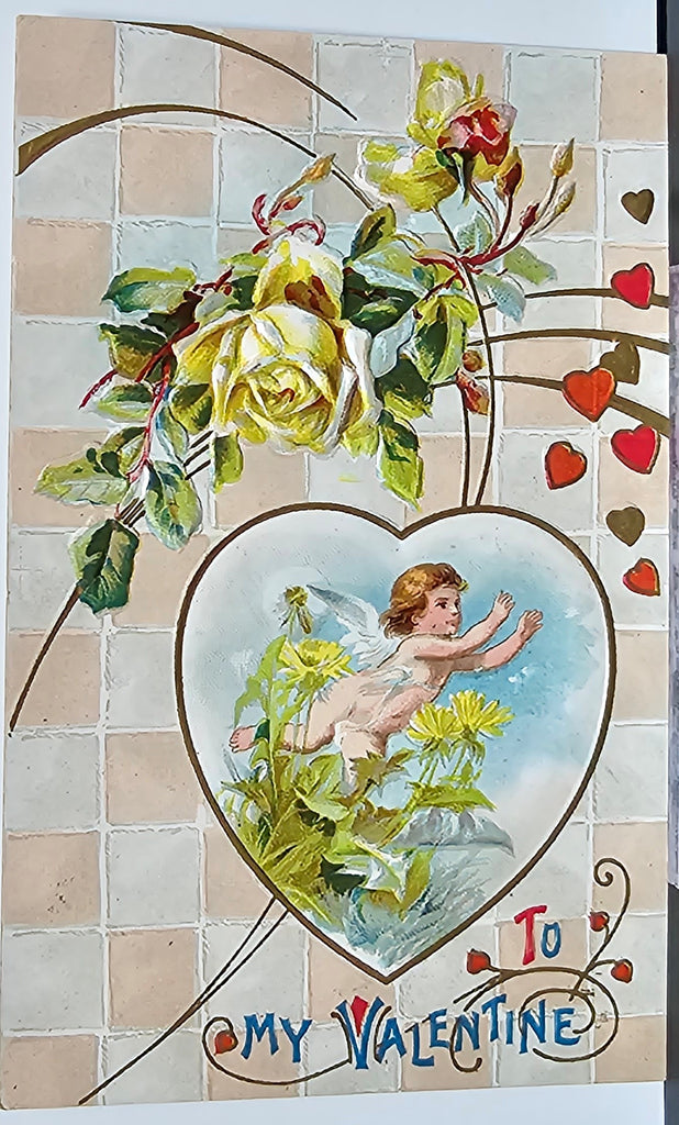Valentine Postcard Embossed Cupids with Hearts & Flowers John Winsch Publishing Printed in Germany