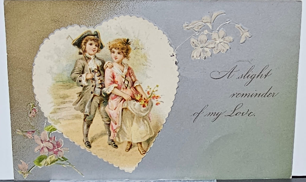 Valentine Postcard Early Undivided Silver Background Young Colonial Couple Giant Heart Lightly Embossed