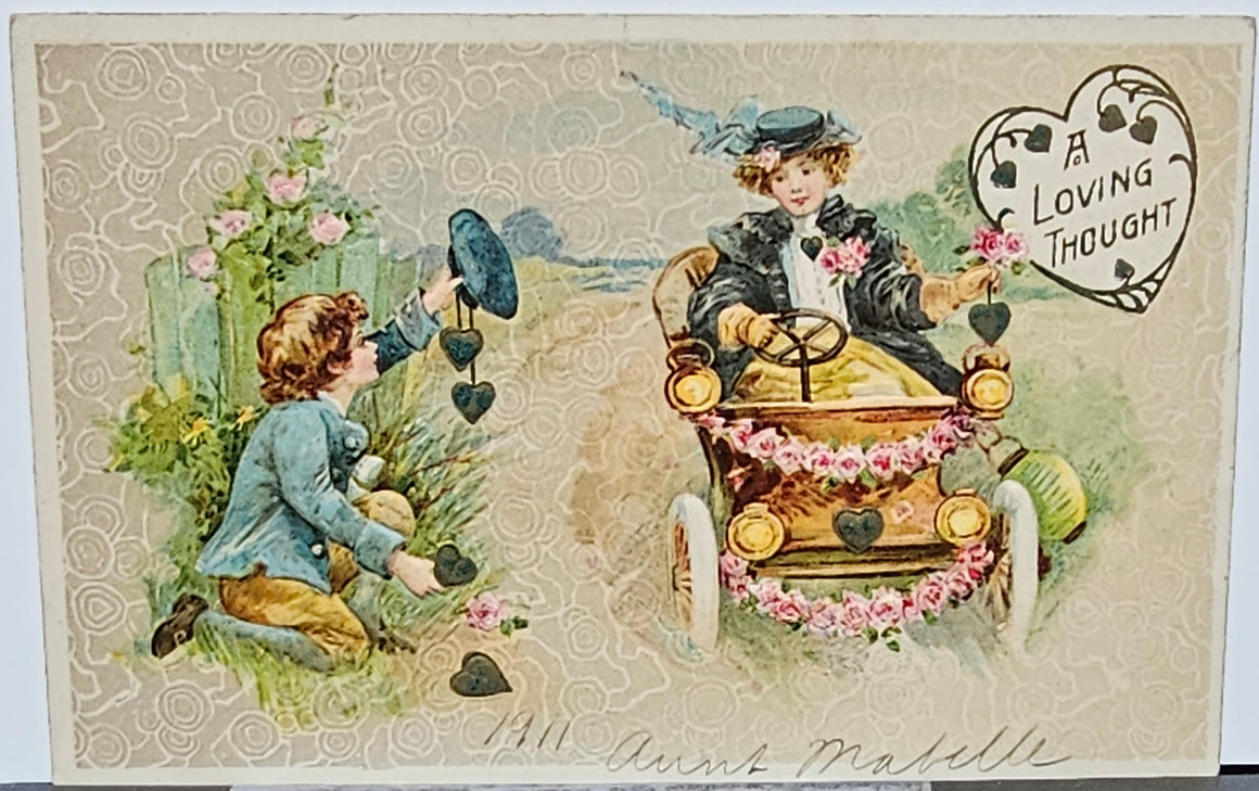 Valentine Postcard Embossed Card Art Nouveau Woman in Car Boy in Handing Up Hearts John Winsch Publishing Germany