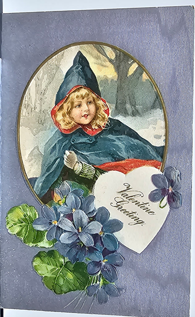 Valentine Postcard Embossed Card Young Girl with Blonde Hair in Blue Cape Violets & Heart Beneath John Winsch Publishing