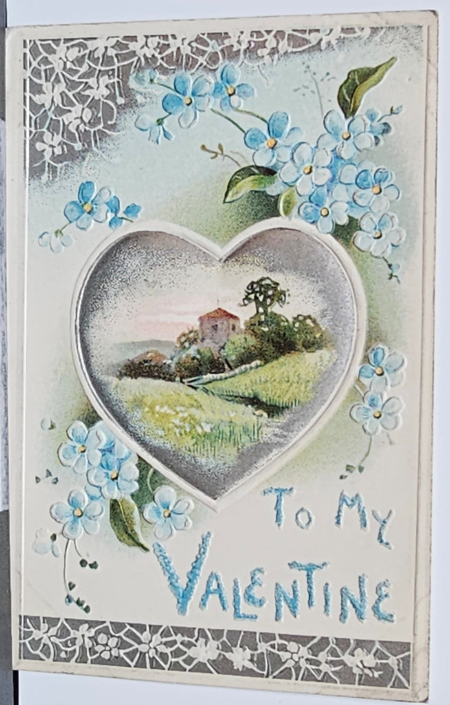 Valentine Postcard Embossed Card Large Silver Puffy Heart in Center with Landscape and Blue Flowers Davidson Publishing Series 166