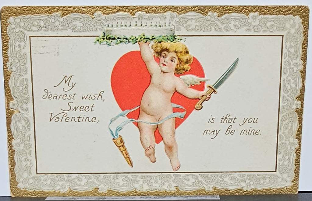 Valentine Postcard Cupid in Carrying Giant Wedding Cake Raphael Tuck Publishing Series NO 1 Gold Embossed