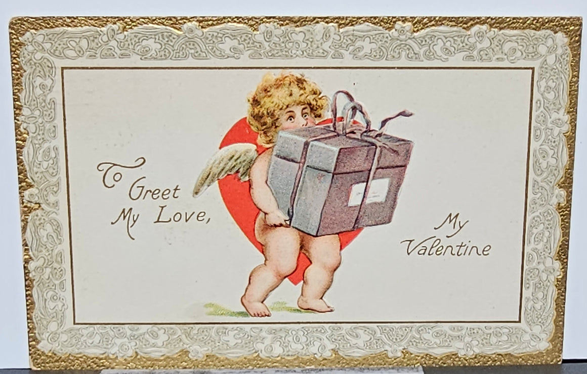 Valentine Postcard Cupid in Carrying Giant Present Raphael Tuck Publishing Series NO 1 Gold Embossed