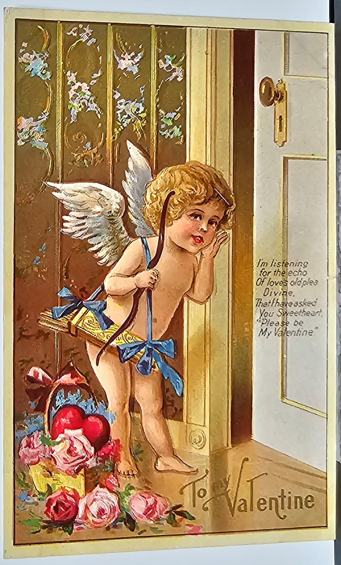 Valentine Postcard Cupid Listening at Door with Hearts & Flowers Series 1