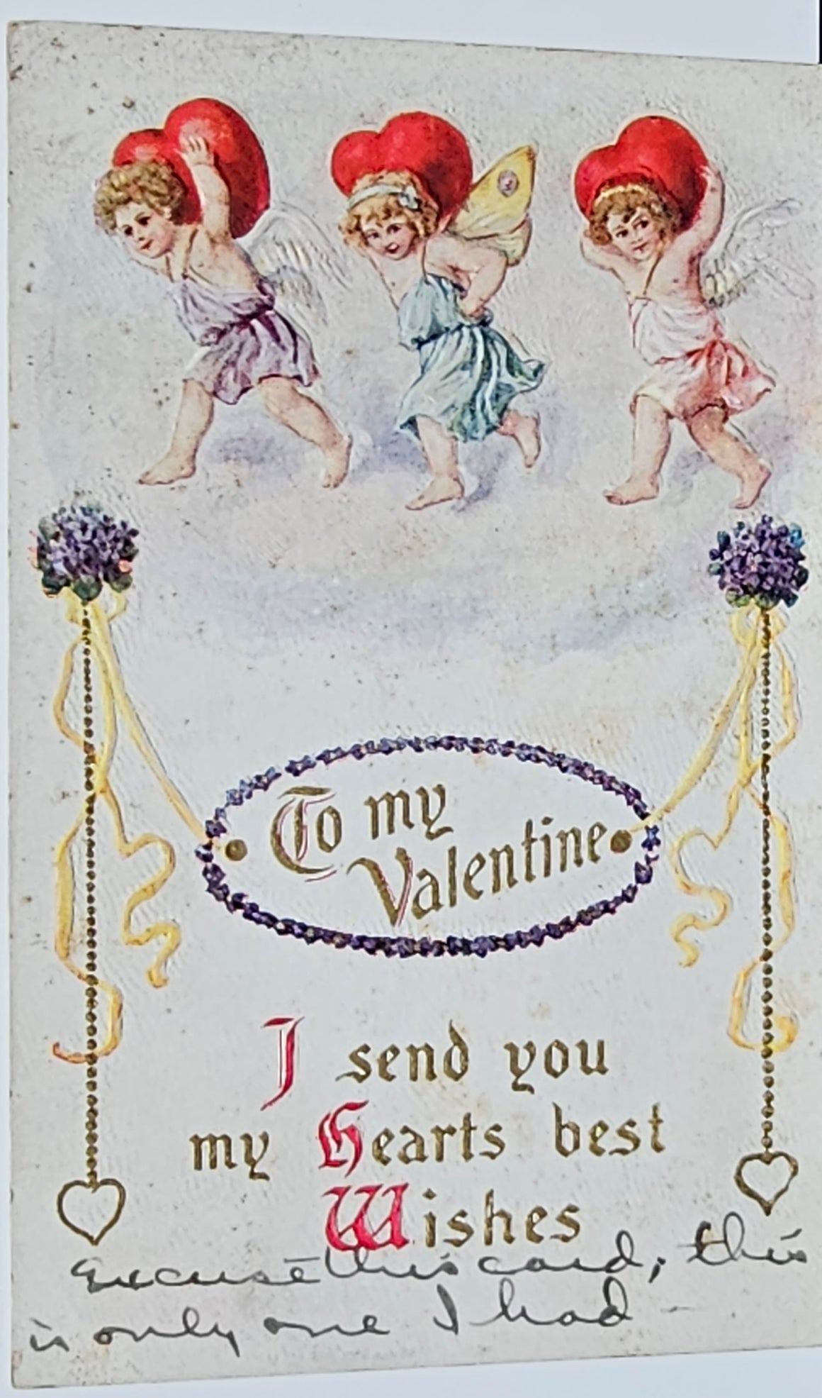 Valentine Postcard Cupids Carrying Hearts Embossed Card