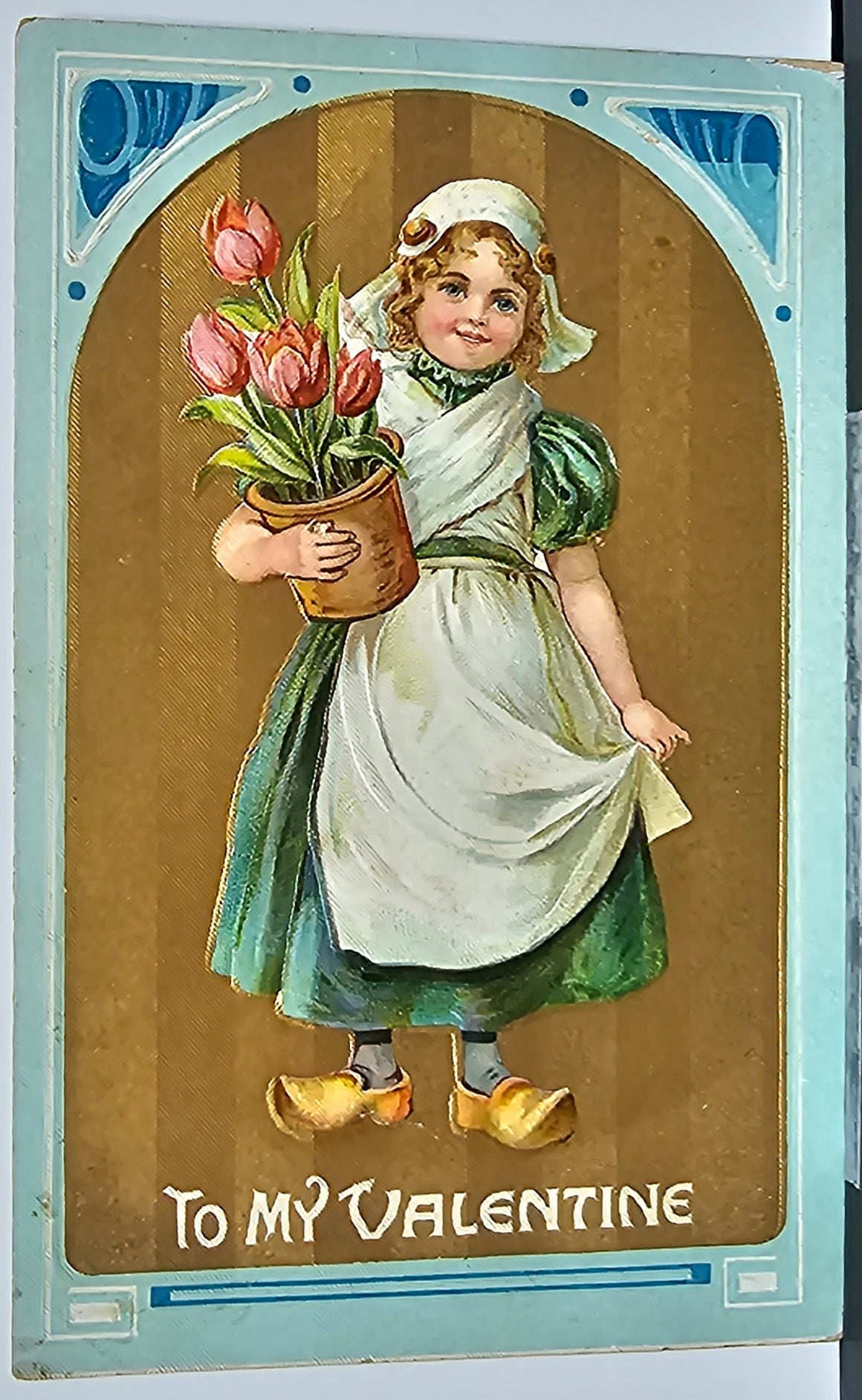 Valentine Postcard Embossed Little Dutch Girl Holding Tulips Gold Background Blue Border Series 8093 Germany