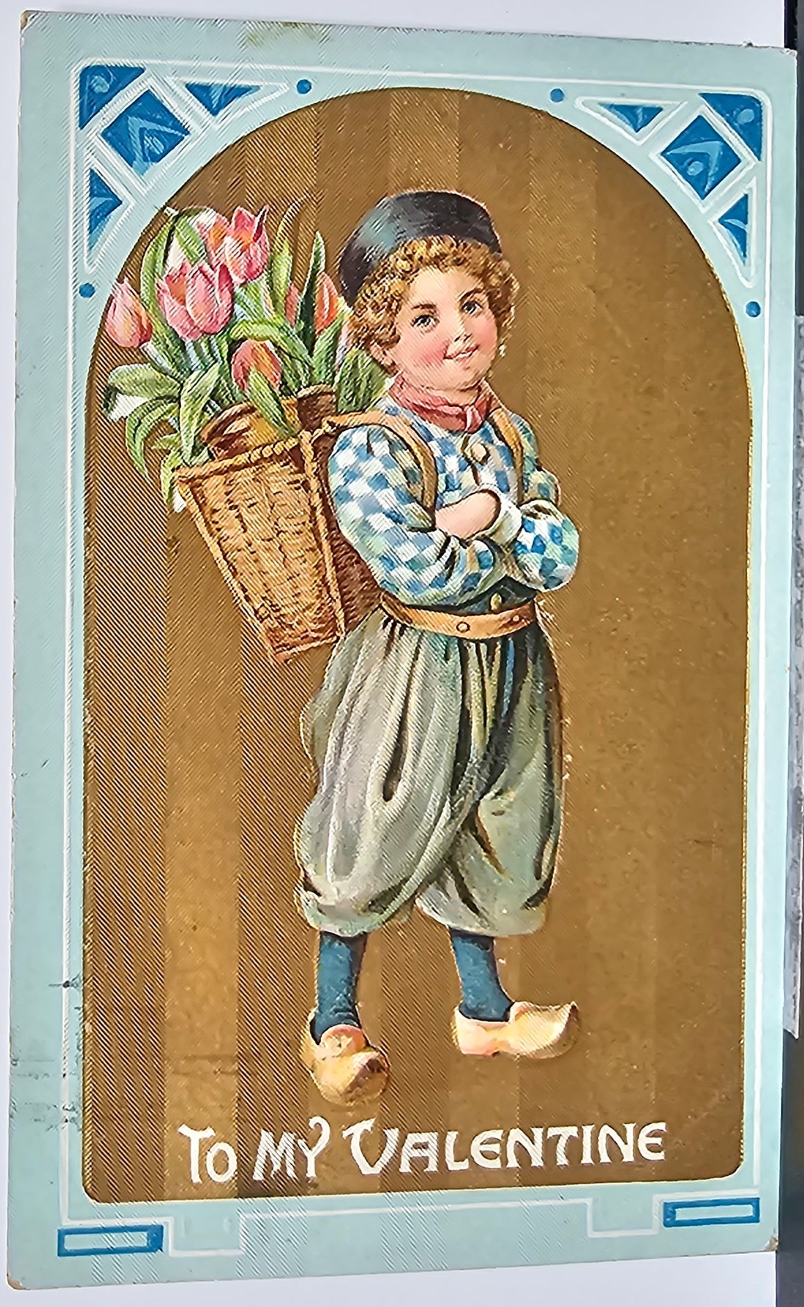 Valentine Postcard Embossed Little Dutch Boy Holding Tulips Gold Background Blue Border Series 8093 Germany