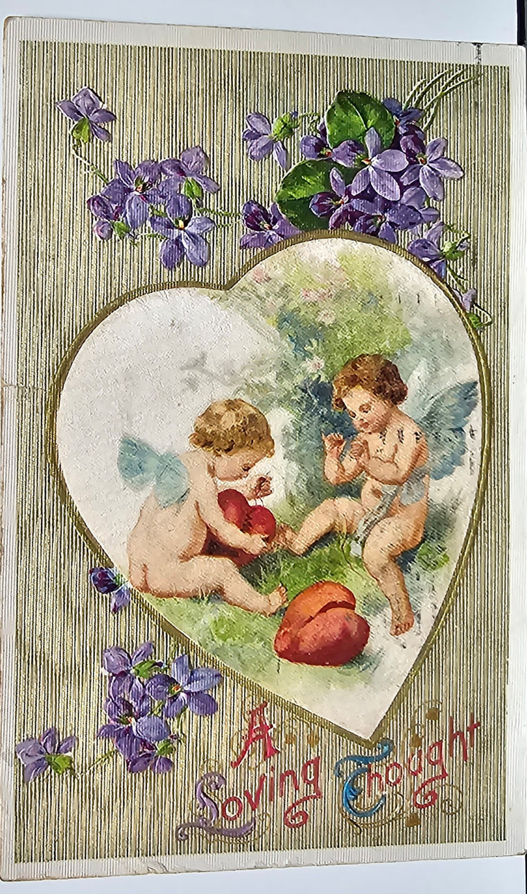 Valentine Postcard John Winsch Publishing Cupids Sewing Hearts Silk Insert Embossed Germany