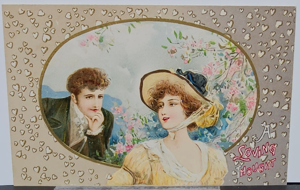 Valentine Postcard Man Courting Woman Hearts & Flowers Border John Winsch Publishing