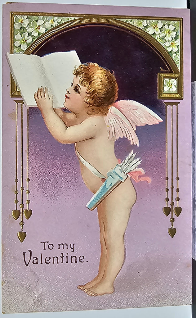 Valentine Postcard Gold Embossed Cupid with Heart & Book Purple Background Artist Ellen Clapsaddle