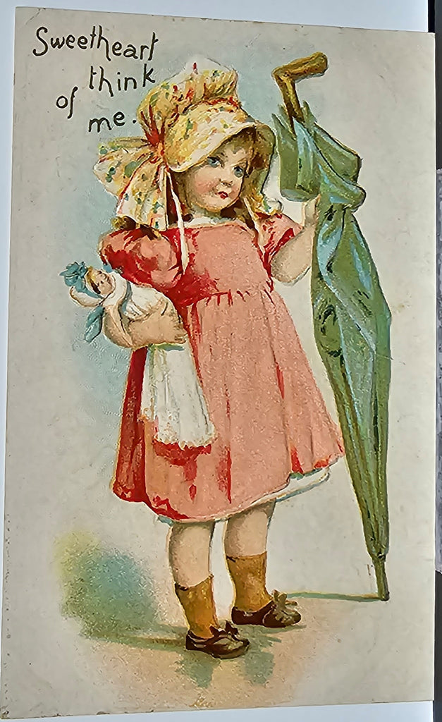 Valentine Postcard Little Girl in Pink Dress Holding Umbrella