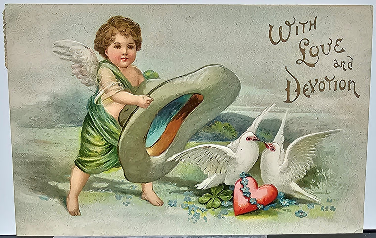 Valentine Postcard Gold Embossed Cupid with Giant Hat Doves & Heart Artist Ellen Clapsaddle