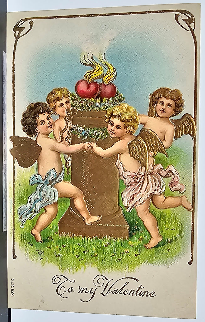 Valentine Postcard Gold embossed Cupids Dancing Around Flaming Heart Series 624 Printed in Germany
