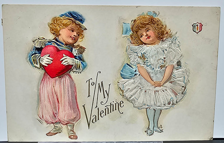 Valentine's Postcard Embossed Card Nation Valentine Series Little Children with Heart Early French Republic