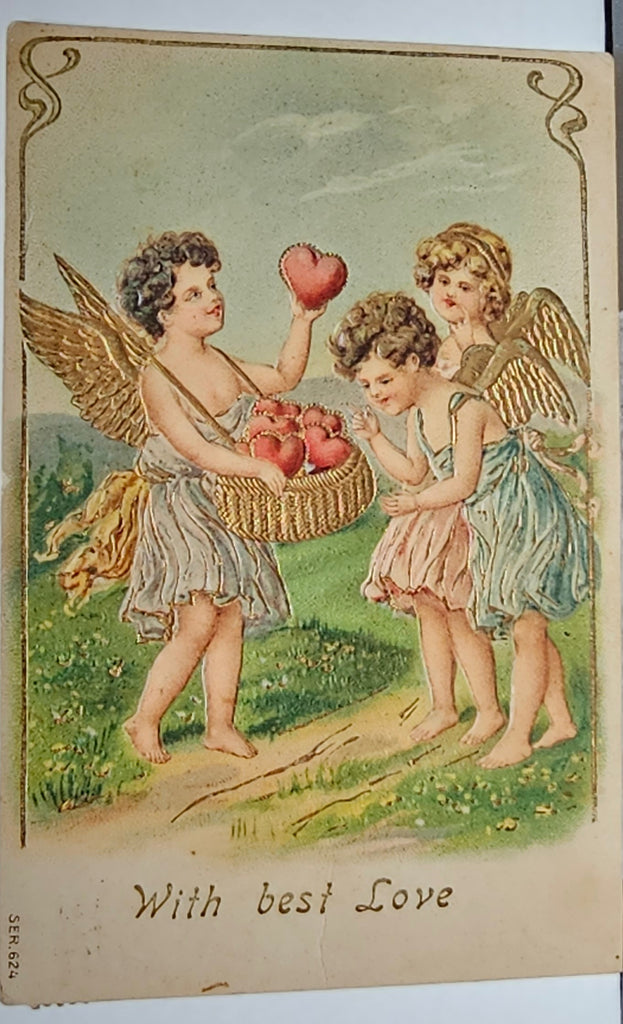 Valentine's Postcard Embossed Image Cupids Choosing Hearts from Basket Gold Embossed Wings & Trim Series 647
