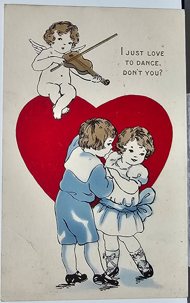 Whitney Valentine Postcard Cupid on Heart Playing Music For Dancing Children