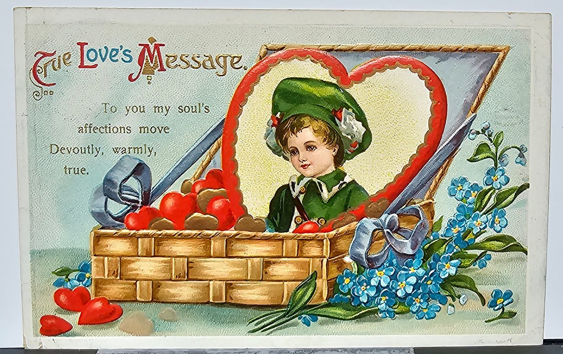 Valentine's Postcard Embossed Image of Boy in Heart Filled Basket Artist Ellen Clapsaddle Series 1236 Intl Art Publishing