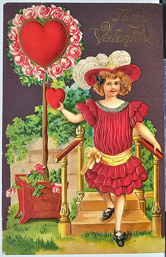 Valentine's Postcard Embossed Image Little Girl in Pink Dress with Hearts PFB Publishing 15896