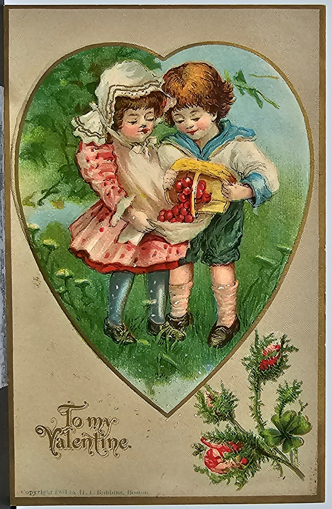 Valentine's Postcard Embossed Card Young Boy & Girl Picking Berries Series 847
