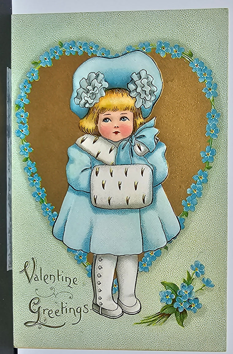 Valentine's Postcard Embossed Image Little Girl in Blue Gold Heart Background Tuck Publishing Series 3