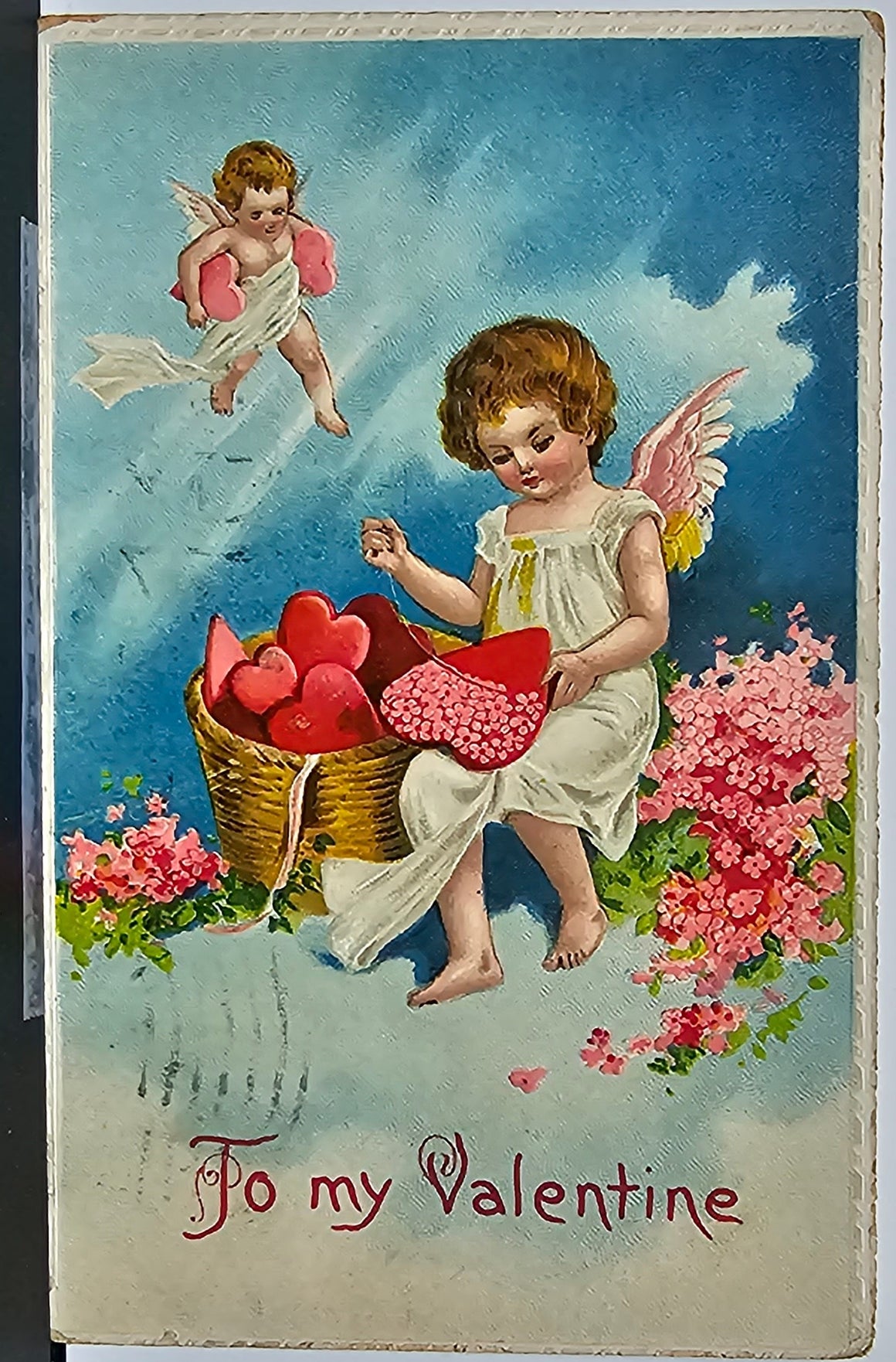 Valentine's Postcard Embossed Image Little Cupids in Clouds Sewing Hearts B.W. 335
