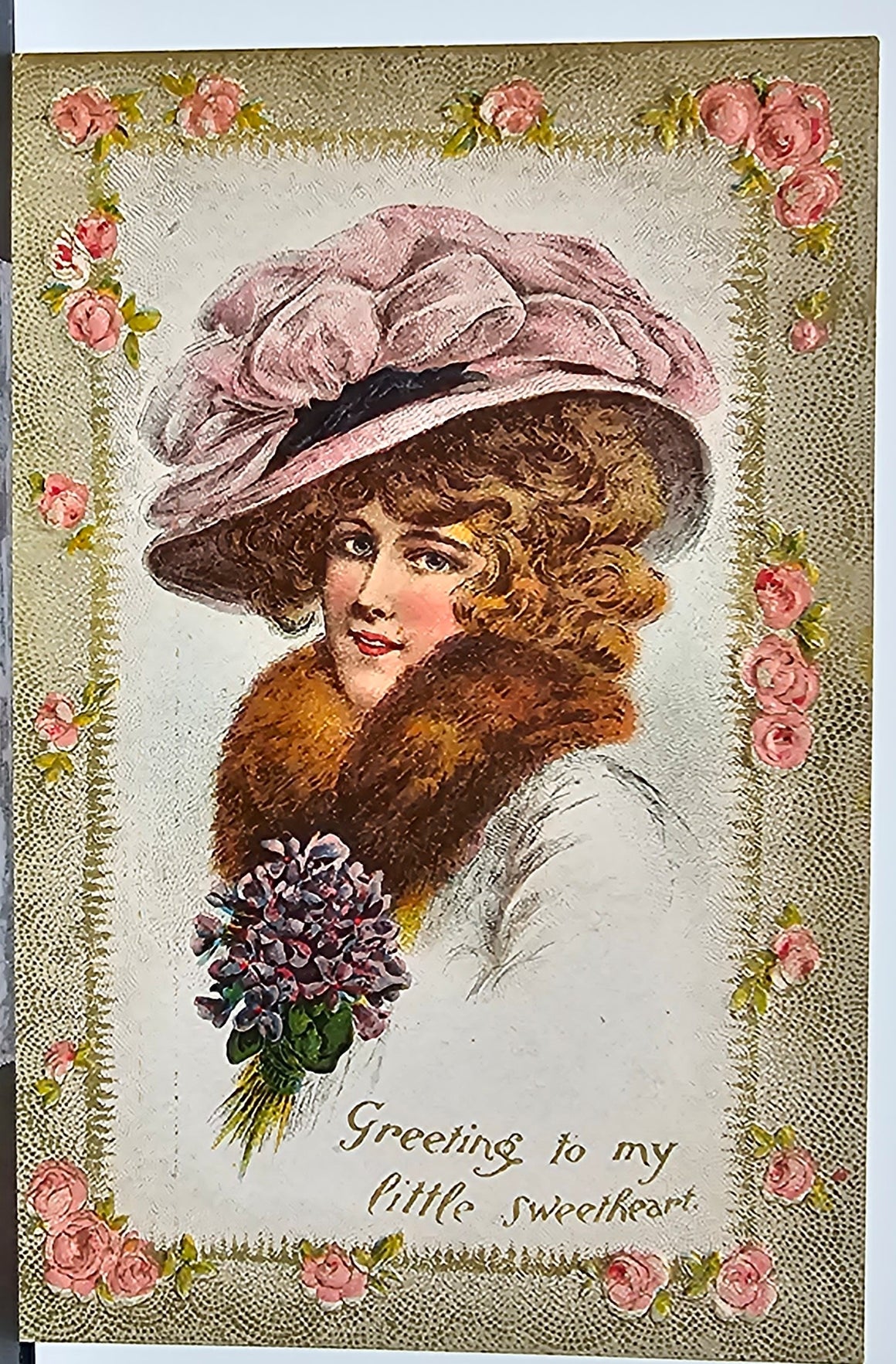 Valentine Postcard Woman Holding Flowers Wearing Hat Pink Floral Border Embossed Card Greetings My Little Sweetheart