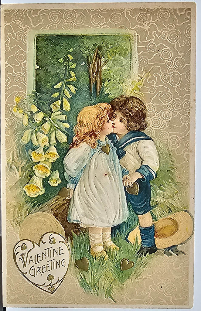 Valentine Postcard Two Children Sharing a Kiss in a Flower Woodland Boy Dressed in Sailor Suit Embossed Gold Hearts John Winsch Publishing