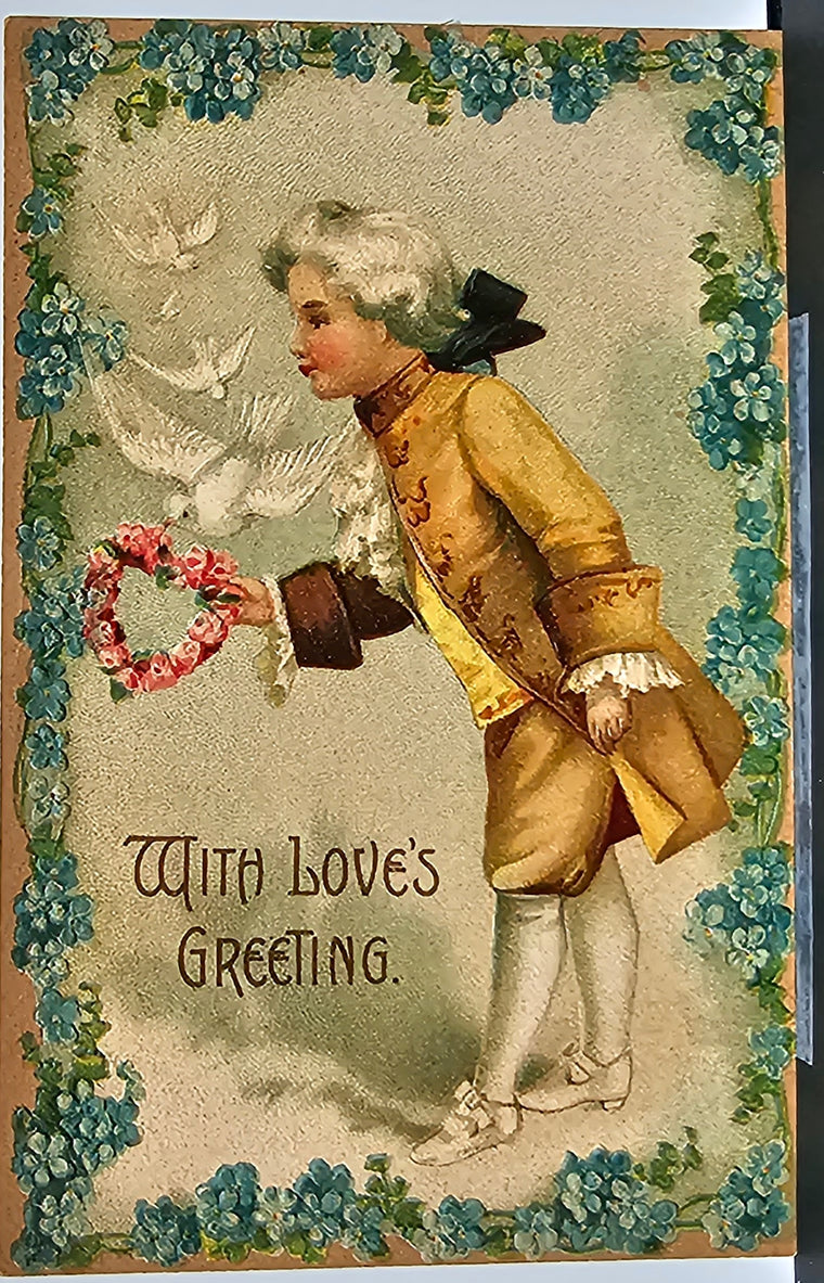 Valentine Postcard With Fondest Love Boy in Colonial Dress Holding Flower Heart with Flying Doves Embossed Card